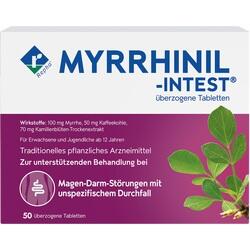 Verpackung von Myrrhinil-Intest Tabletten für Magen-Darm-Beschwerden mit Myrrhe und Kamille.