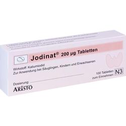 Weiße Medikamentenverpackung für Jodinat-Tabletten mit 200 µg Kaliumiodid.