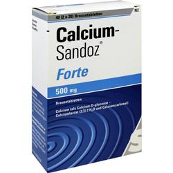 Weiße Packung mit blauen Details und der Aufschrift "Calcium-Sandoz Forte 500 mg".