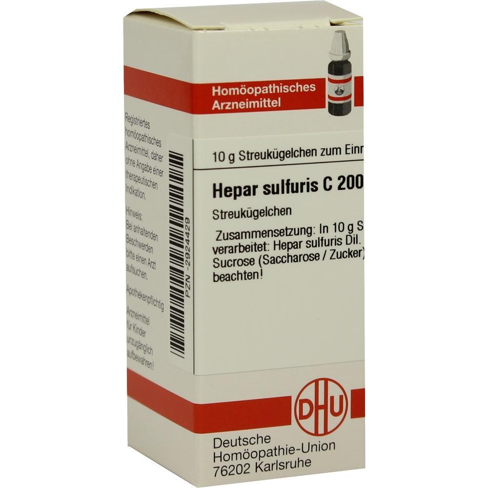 Weiße Verpackung für homöopathische Streukügelchen namens Hepar sulfuris C 200.
