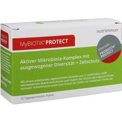 Eine grüne und weiße Verpackung von Nahrungsergänzungsmitteln namens MyBIOTIK PROTECT.